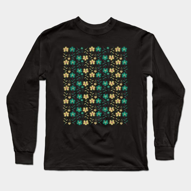 Green and Yellow Repeating Flowers Long Sleeve T-Shirt by Ezzkouch